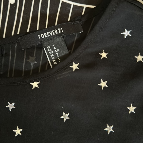 Elegant sheer black & silver stars bell sleeve women’s Forever 21 blouse sz L - Picture 4 of 8